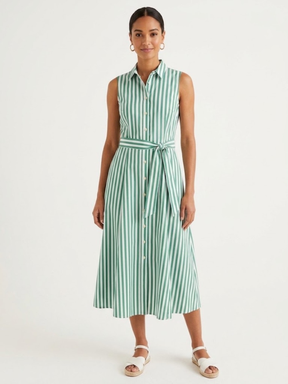 Boden Green and White Striped Sleeveless Shirt Midi Dress Sz 10 New